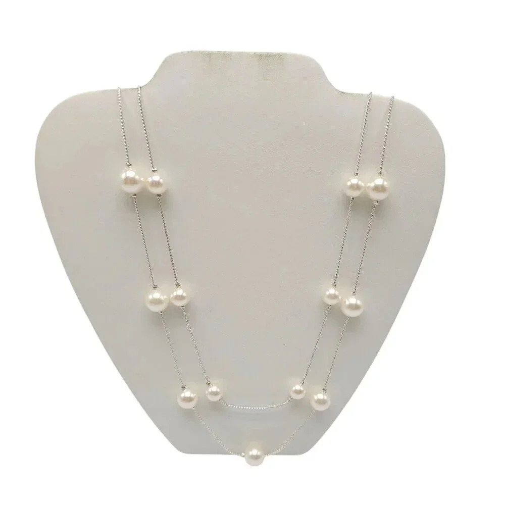 Long Pearl Station Necklace With Silver Plated Chain 36" RMN